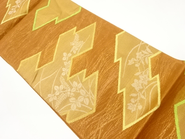 変わり松皮菱に秋草模様織出し夏用袋帯